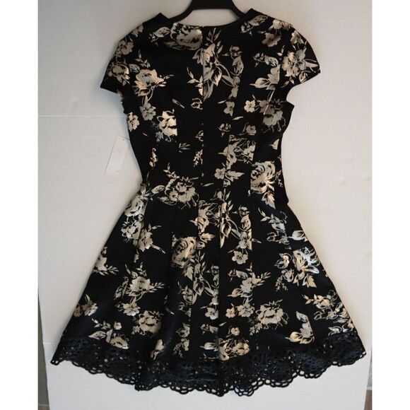 Donna Ricco Women's Sz 2 Black/Gold Tulip Sleeve Lace Hem Fit & Flare Dress - Picture 10 of 12